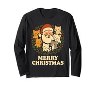 Merry Christmas Père Noël Chats Couronne Houx Passion Chats Manche Longue