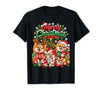 Merry Christmas Pomeranian Santa Hat Snowflakes Tree Puppies T-Shirt