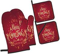 Merry Christmas Red Winter Happy New Year Mitaines de Four et maniques Ensemble de Cuisine, 4 pièces Gants de Cuisine résistants à la Chaleur Coussinets Chauds pour Barbecue Cuisson Grillades