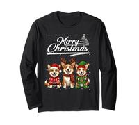 Merry Christmas Trio Corgi Reindeer Elf Santa Xmas Squad Manche Longue