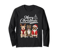Merry Christmas Trio Pit Bull Reindeer Elf Santa Xmas Squad Manche Longue