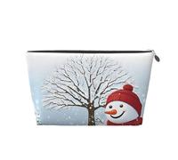 (Merry Christmas with Happy Snowman) Trousse de toilette de voyage en cuir avec fermeture éclair, trousse de maquillage pour femme, petite trousse de maquillage pour sac à main, trousse de maquillage