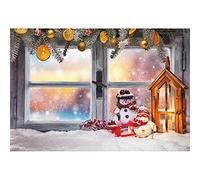 Merry ChristmasToile de Fond 150x120cm Rebord de fenêtre Bonhomme de Neige Photographie Fond 3D Neige scène noël Branche Photographie Toile de Fond fête pour noël Nouvel an fête décor bannière