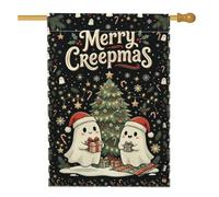 Merry Creepmas Drapeau de maison de Noël avec citation fantôme 71,1 x 101,6 | Chapeaux de Père Noël, drapeau de cour, sapin de Noël décoré, boîtes cadeaux, ciel de nuit étoilée, décoration de jardin