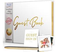 Merry Expressions Livre d'or doré et stylo - 22,9 x 17,8 cm - Livre Polaroid blanc à couverture rigide 100 pages/50 feuilles - Bords dorés pour les invités et les visiteurs à signer lors d'un mariage,