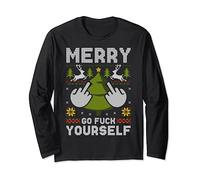 Merry Go F Yourself Pull de Noël moche doigt d'honneur Manche Longue