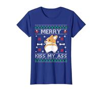 Merry Kiss My Ass Pull de Noël pour Chien Corgi T-Shirt, Femme, Bleu Royal, XL