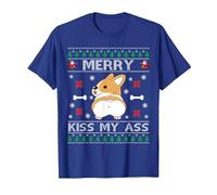 Merry Kiss My Ass Pull de Noël pour Chien Corgi T-Shirt, Homme, Bleu Royal, M