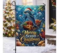 Merry Ocean Drapeau de jardin Motif dauphin 30,5 x 45,7 cm | Chapeaux de Père Noël, drapeau de cour, traîneau rempli de cadeaux, typographie dorée, coquillages, étoile de mer, corail
