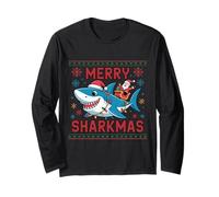 Merry Sharkmas Pull Moche Père Noël chevauchant Un Requin avec lumières Manche Longue