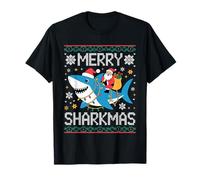 Merry Sharkmas Pull Moche Père Noël chevauchant Un Requin avec lumières T-Shirt