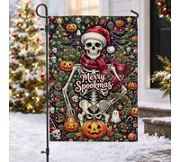 Merry Spookmas Drapeau de jardin avec citation squelette de Noël 30,5 x | Chapeau de Père Noël, drapeau de cour, écharpe rouge, jack-o'-lanternes, lumières de vacances, décoration de jardin d'hiver