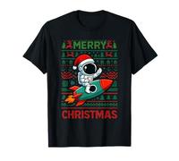 Merry Ugly Christmas Funny Santa Astronaut Riding Rocket T-Shirt