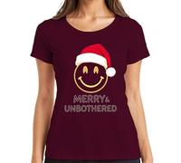 Merry & Unbothered T-shirt humoristique pour femme Motif smiley doré Père Noël, bordeaux, XL