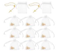 MERRYHAPY Bracelet Chapelet Mini en Perles Blanches avec Croix Dorée Lot de 12 sets de Bracelets de Baptême Catholique Accessoire Religieux pour Communion Mariage et Fête
