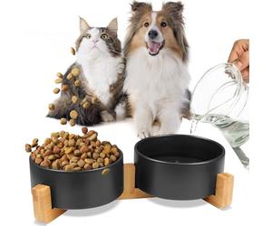 MERSJO Lot de 2 gamelles en céramique pour chiens et chats - 2 x 400 ml - Double gamelle - Noir