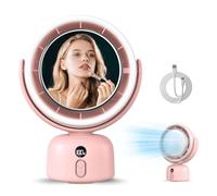 MERTTURM Miroir Vanité Ventilateur avec Lumière, USB 6000mAh Maquillage Ventilateur Bureau Portable, Silencieux Miroir Compact Auto-Rotation, 5 Vitesses, 3 Niveaux Lumière Camping-Car/Voyage/Chambre