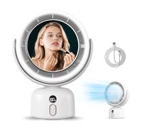 MERTTURM Miroir Vanité Ventilateur avec Lumière, USB 6000mAh Maquillage Ventilateur Bureau Portable, Silencieux Miroir Compact Auto-Rotation, 5 Vitesses, 3 Niveaux Lumière Camping-Car/Voyage/Chambre