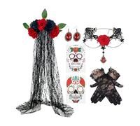 Merveilleux costume - Ensemble collier et boucles d'oreilles Jour des morts 39 x 100 cm - Gants en dentelle - Accessoire de voile - Ensemble collier et boucles d'oreilles - Costume pour femme - Pour