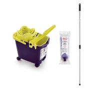 Mery Set Bucket avec vadrouille et bêton, seau à vidange automatique avec roues et seau polyvalent violet et lime, 14 L, vadrouille en microfibre absorbante, fil universel, bêton tElescopique en acier