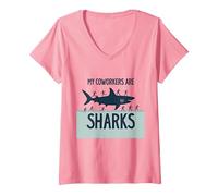 Mes collègues sont des Requins Humour de Bureau drôle T-Shirt avec Col en V, Femme, Rose, L