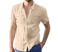 Mes Commandes Chemise Hawaienne Homme Lin Grande Taille sans Repassage Slim Fit Chemisette Homme Manche Courte Slim Fit Coton Ete Chemises Homme Tunique Beige 5XL
