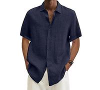 Mes Commandes Chemise Homme Manches Courtes en Lin sans Repassage Chemisette pour Homme Ete Coton Hawaienne Vêtements Homme Grande Taille Mode Tee Shirt Marine L