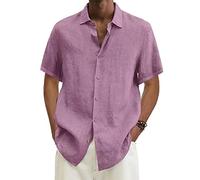 Mes Commandes Chemise Homme Manches Courtes en Lin sans Repassage Chemisette pour Homme Ete Coton Hawaienne Vêtements Homme Grande Taille Mode Tee Shirt Rose L