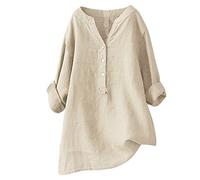 Mes Commandes en Cours De Livraison HUIFUAO T-Shirt d'été Ample en Coton et Lin à Manches Longues avec Poche boutonnée pour Femme, Z04 Beige, XXL