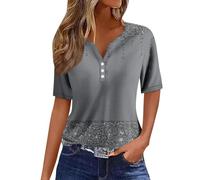 Mes Commandes en Cours De Livraison,VêTements De Sport pour Femme Chemisiers Et Blouses T-Shirts à Manches Courtes Imprimé Bouton Col en V Haut Régulier Blouse Tenue De Sport Femme(Gray,L)