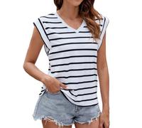 Mes Commandes HUIFUAO T-Shirts pour Femmes T-Shirt rayé débardeur pour Femmes Hauts sans Manches pour Femmes col Rond d'été élégant Blanc t-Shirts pour Femmes, Z03 Bleu, S