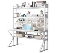 MESCXTY Bureau d'ordinateur avec clapier, Panneau perforé pour Jeux vidéo, Grandes étagères pour PC, Poste de Travail d'écriture et d'étude, Cadre en Acier Inoxydable (119,9 cm, Blanc)