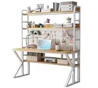 MESCXTY Bureau d'ordinateur avec clapier, Panneau perforé pour Jeux vidéo, Grandes étagères pour PC, Poste de Travail d'écriture et d'étude, Cadre en Acier Inoxydable (89,9 cm, Bois Blanc)