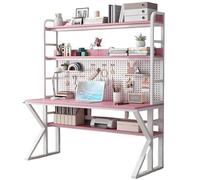 MESCXTY Bureau d'ordinateur avec clapier, Panneau perforé pour Jeux vidéo, Grandes étagères pour PC, Poste de Travail d'écriture et d'étude, Cadre en Acier Inoxydable (119,9 cm, Blanc Rose)