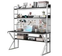 MESCXTY Bureau d'ordinateur avec clapier, Panneau perforé pour Jeux vidéo, Grandes étagères pour PC, Poste de Travail d'écriture et d'étude, Cadre en Acier Inoxydable (119,9 cm, Blanc et Noir)