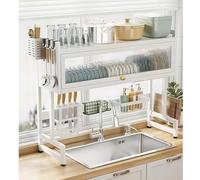 MESCXTY Escurreplatos de 2 niveles Con tapa, Ajustable, de Gran capacidad, Para colocar Sobre el fregadero, organizador de cocina Para platos, vasos, cuencos y cubiertos (Blanco, 95 cm)