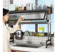 MESCXTY Escurreplatos de 2 niveles Con tapa, Ajustable, de Gran capacidad, Para colocar Sobre el fregadero, organizador de cocina Para platos, vasos, cuencos y cubiertos (Negro, 85 cm)