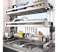 MESCXTY Escurreplatos de 2 niveles Sobre el fregadero, multifuncional, de Acero inoxidable 304, Con ventosa, Gran capacidad, Para platos y cuencos (66 cm/26 pulgadas)