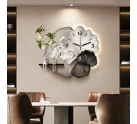 MESCXTY Horloge murale décorative 3D avec lumière LED, plantes vertes décoratives, alimentation par prise, décoration à suspendre pour la maison, la chambre, la cuisine, silencieuse (blanc, 75 x 60 cm