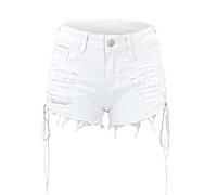 Mesdames Summer Hole Side Fashion Bandage Stretch Hot Pants Denim Shorts (White, XL)