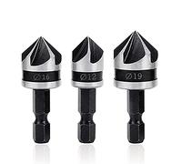 Mesee 3Pcs Fraises à Chanfreiner 90 Degrés 5 Flûte Fraise Conique à Noyer Foret Fraisage Bois de 1/4" Tige Hex en Acier 12mm/16mm/19mm Outil Coupe Chanfreinage Fraisoir pour Bois PVC