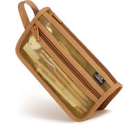 Mesh Pencil Case With Handle Zipper Double Layer Clear Pen Pouch Pen Pouch Travel Makeup Bag Stationery Organizer, Brown, Minimalist