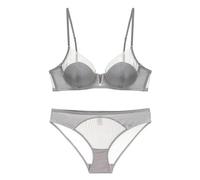Mesh Smooth Fabric Bra, Gathering Thin Cup and Style Underwear Set, Showing Small Chest, Big(Gray,Underpants)