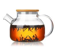 MESNEY Théière en verre pour cuisinière 1000 ml - Théière en borosilicate résistant à la chaleur avec infuseur - Couvercle en bambou et anneau en silicone pour thé en vrac, infusion froide et thé en