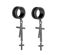 Mesnt 1 Paire Écarteur Oreille 10mm, Pendentif Rond avec chaîne et Croix Tunnel Flexible étirant la Peau de l'oreille Chair Flexible en Acier Inoxydable, Noir