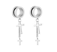 Mesnt 2Pcs Plug Tunnel 8mm, Pendentif Rond avec chaîne et Croix Ear Gauges Elargisseur Piercing Bijoux Ecarteur en Acier Inoxydable, Argent