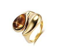 Mesnt Bague Acier Inoxydable Or, Bague en Acier Inoxydable pour Femmes, Large de 22mm, Design torsadé avec œil de Tigre en Forme de Goutte, Taille 54
