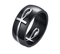 Mesnt Bague Gothique, Bague 8MM Bande Simple avec Ankh détachable en Acier Inoxydable pour Homme Argent Noir, Taille 56.5