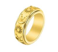 Mesnt Bague Plaqué Or, Bague Tournante Anti-Stress Gravée Sun Moon Star Or Taille 66.5