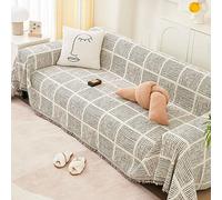 Mesnt Housse de Canapé pour Chien, Universelle Housse Canape Protection Chat Chiens Griffures Motif de Treillis à Rayures avec Pompon Café en Chenille, 180x230cm